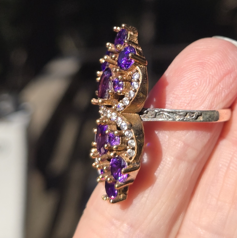 Amethyst & White sapphire Sterling & Gold cocktail ring 7.75 - Picture 7 of 9